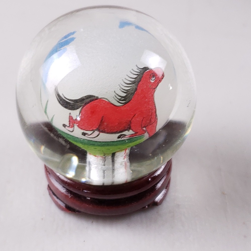 Vintage Chinese Reverse Painted Glass Orb Red Horse Miniature with Wood Stand